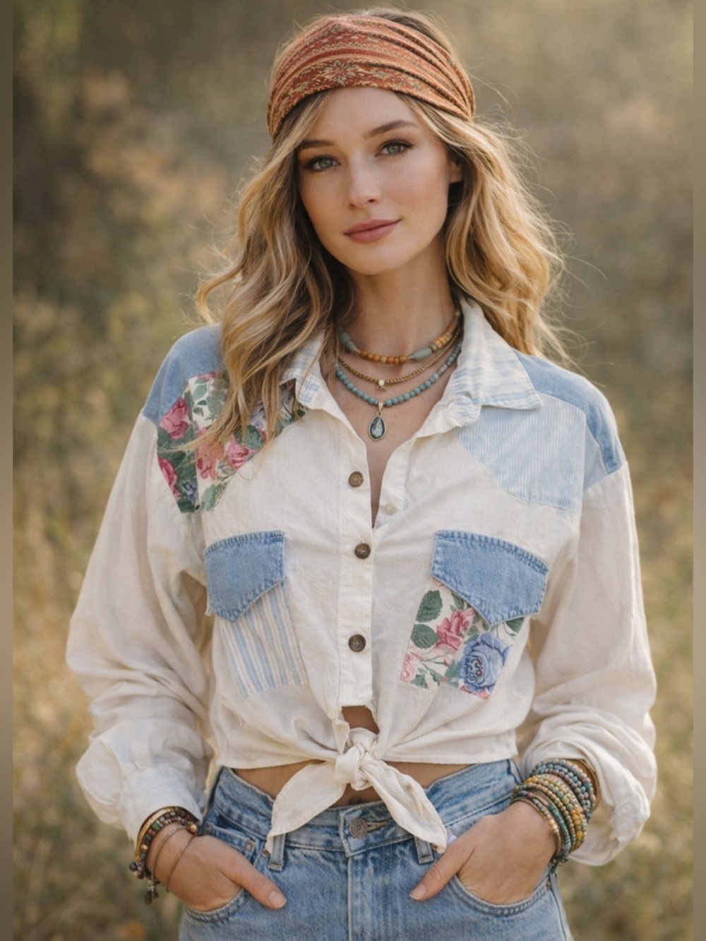 Vintage Patchwork Cropped Button Front Shirt White Cotton USA Made Medium